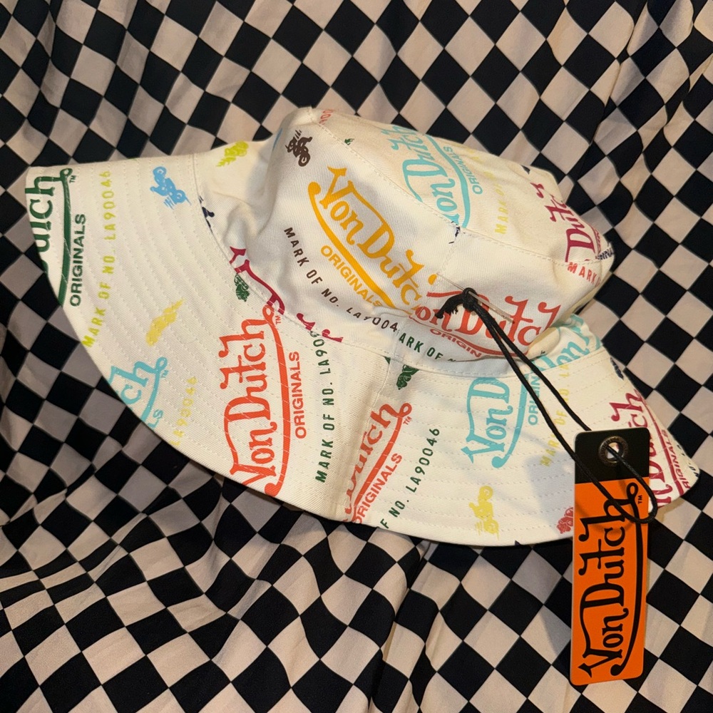 Von Dutch White Bucket Hat with Multicolor Logos